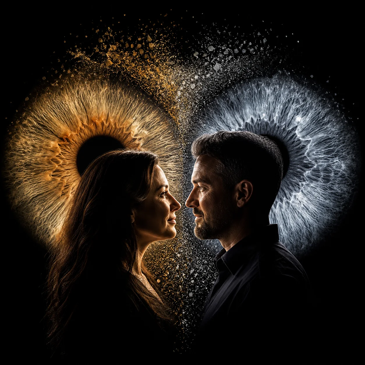 Paar vor zwei individuell gestalteten Iris-Kunstwerken in Gold und Silber